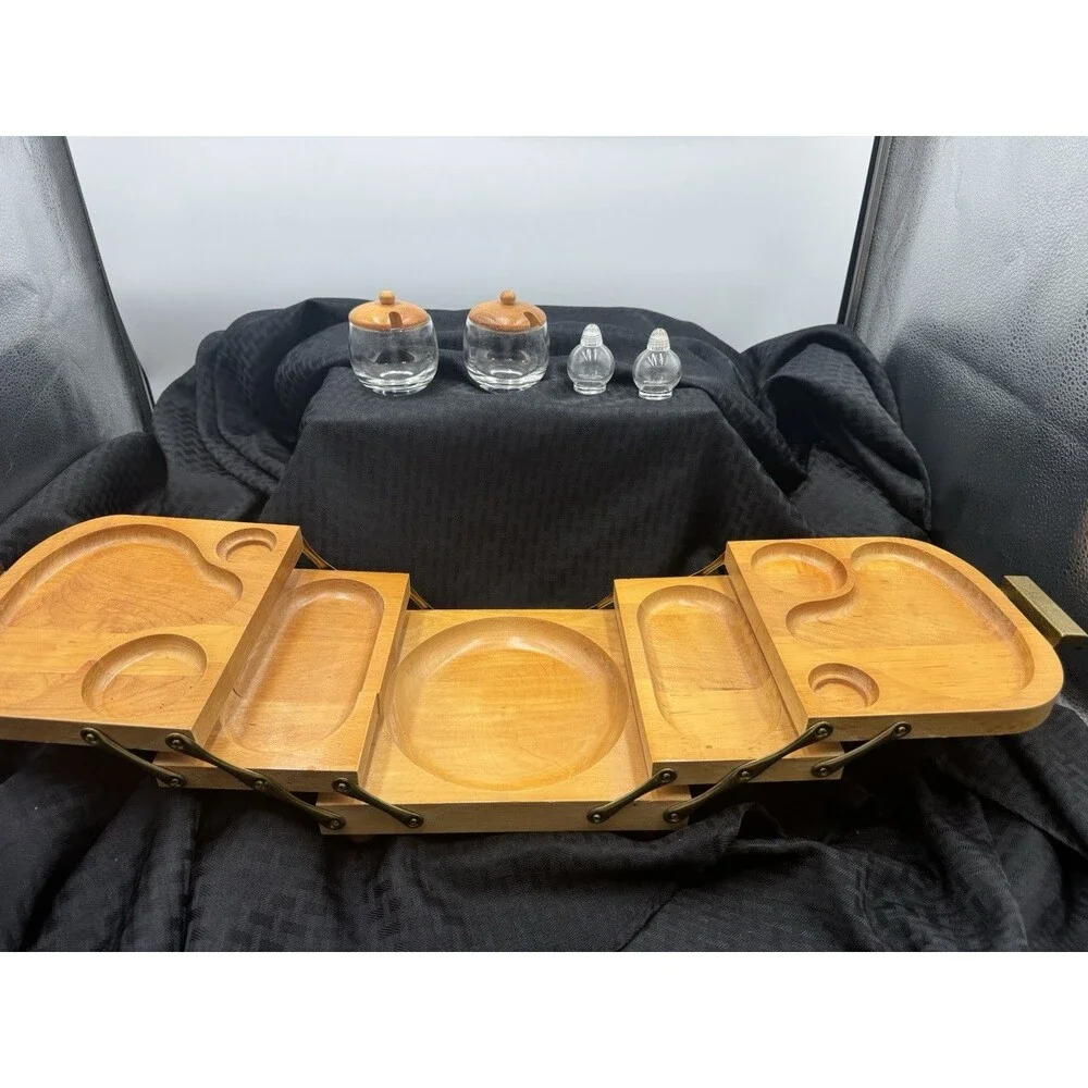 Karoff Fold-Away 3 tier wood buffet complete with condiment set mid-century